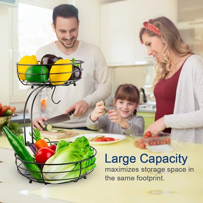 Kitchen Counter Fruit Basket | 2-Tier Organizer with Hanging Banana Holder
