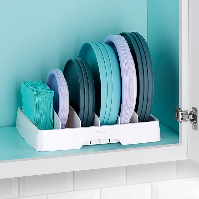 Kitchen lid storage organizer for arranging food container lids by size.