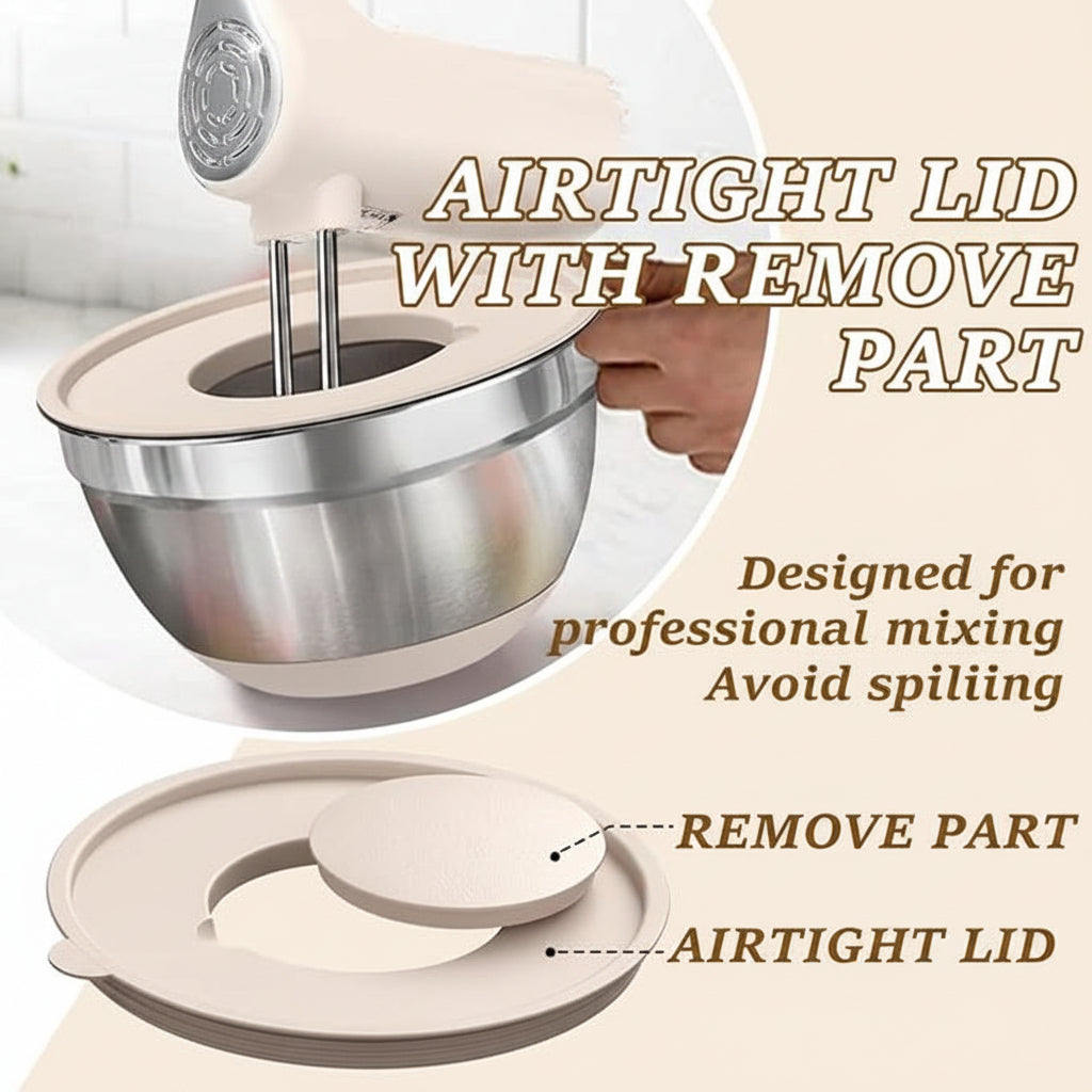 Multi-size stainless steel kitchen bowls with fitted lids for mixing, serving, and storing food.