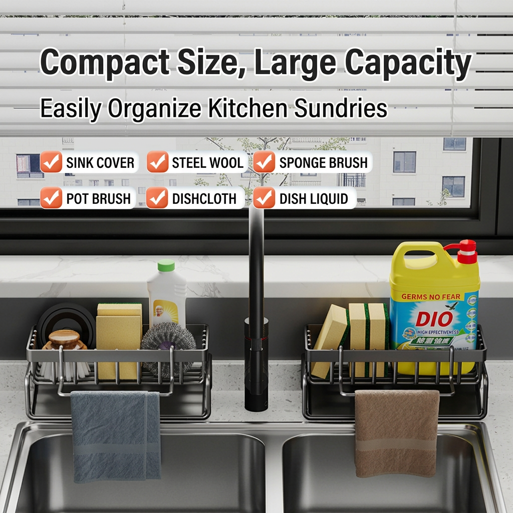 Stainless Steel Sink Caddy with Drain Tray and Multi Storage Compartments