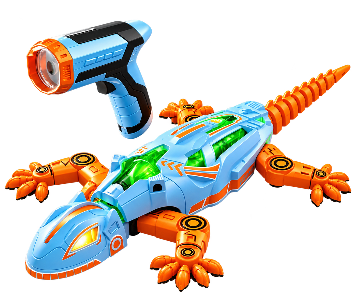 White and orange robotic lizard toy with illuminated green panels and wireless remote control.