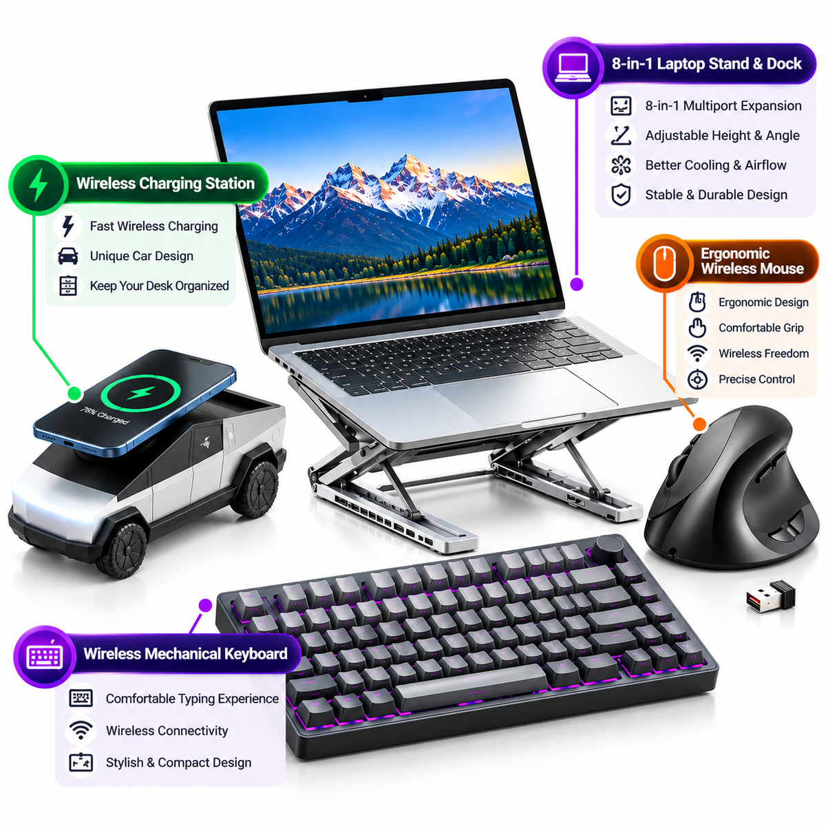 Laptop desk accessories set with mechanical keyboard and vertical wireless mouse