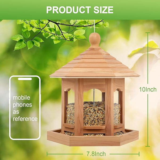 Large Capacity Wooden Hanging Bird Feeder For Outdoor Use