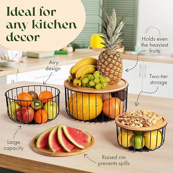 Stackable kitchen storage basket set for fruits and snacks