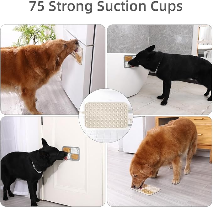 Dog enjoying treats from suction-cup lick mat on floor