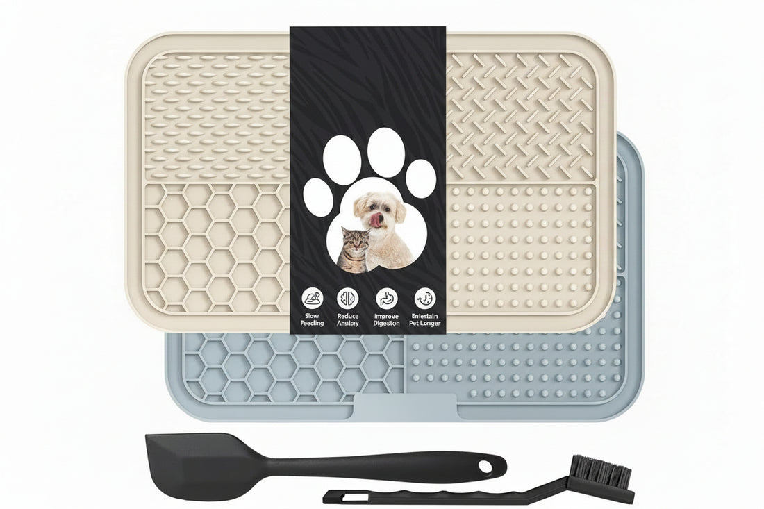 2 large lick mats for dogs and cats with treats on top