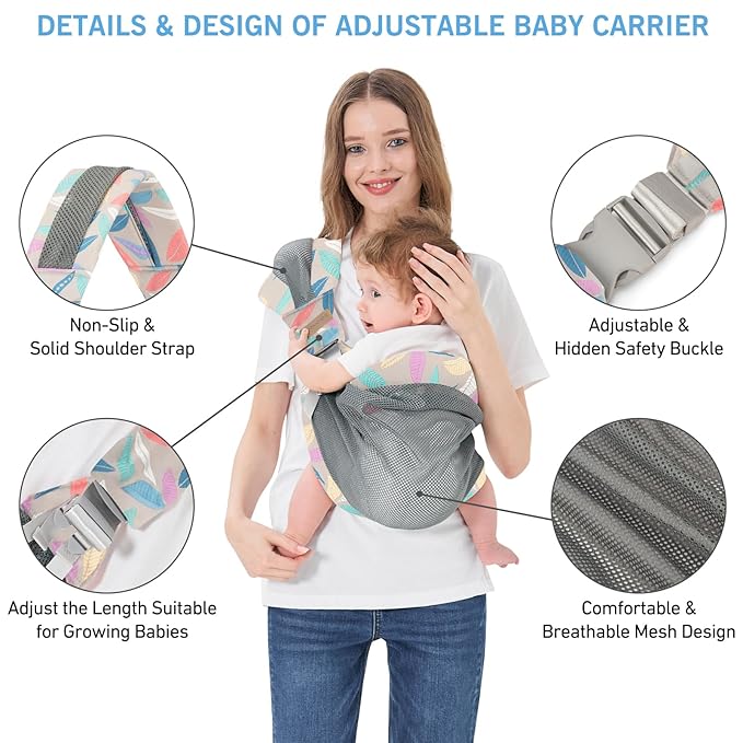 Lightweight breathable mesh baby carrier, ergonomic and adjustable for infants and toddlers.