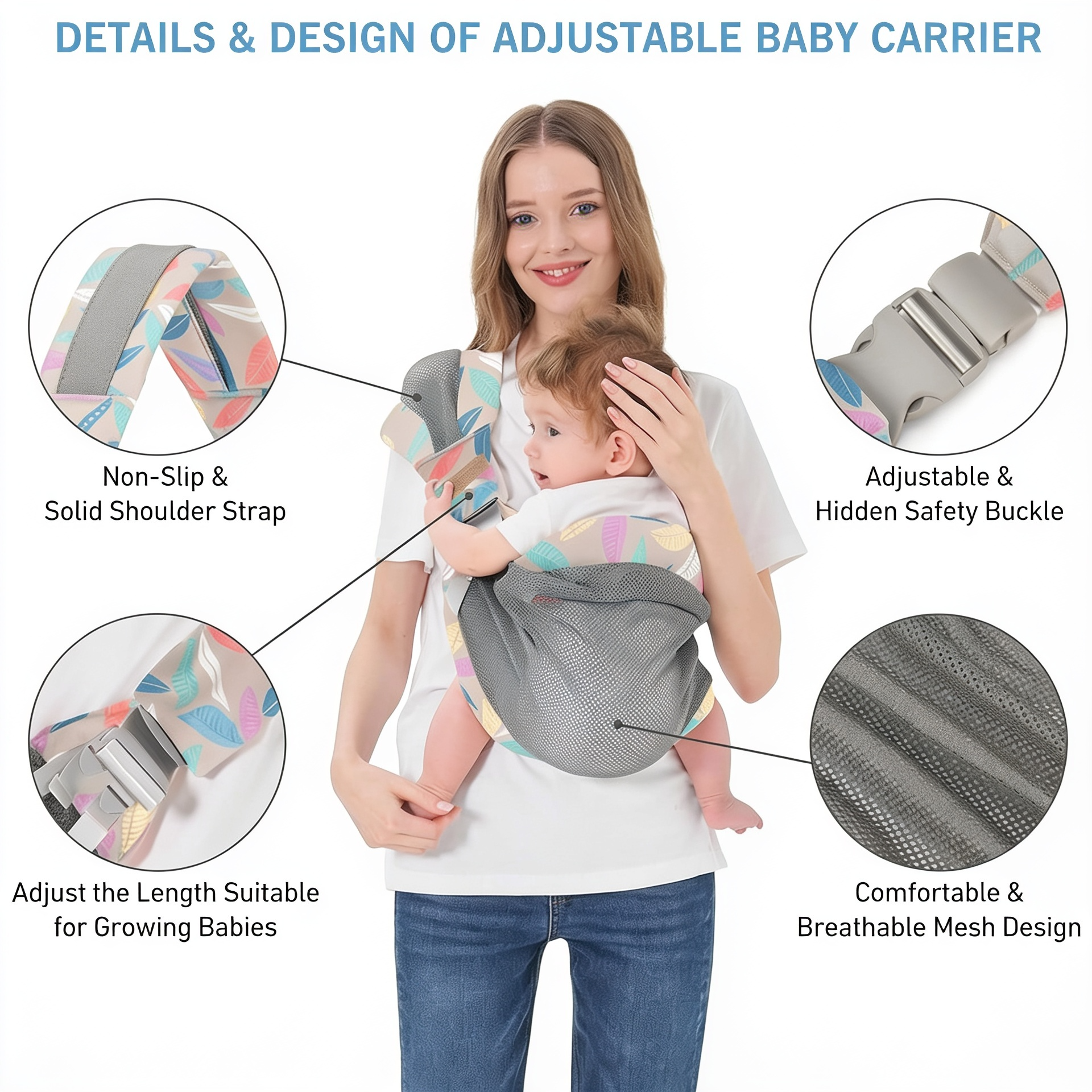 Lightweight breathable mesh baby carrier, ergonomic and adjustable for infants and toddlers.