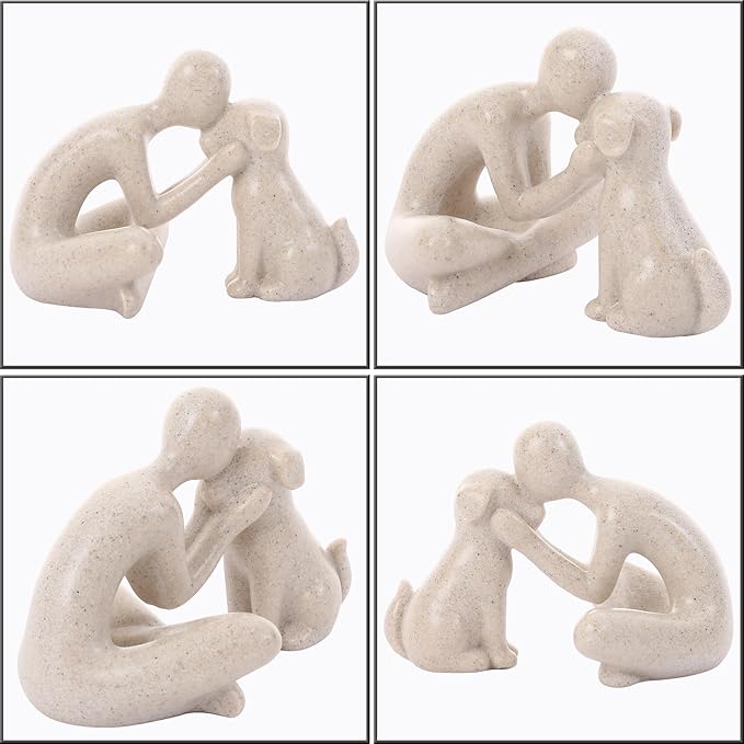 Resin man and dog sculpture arranged on a contemporary living room bookshelf