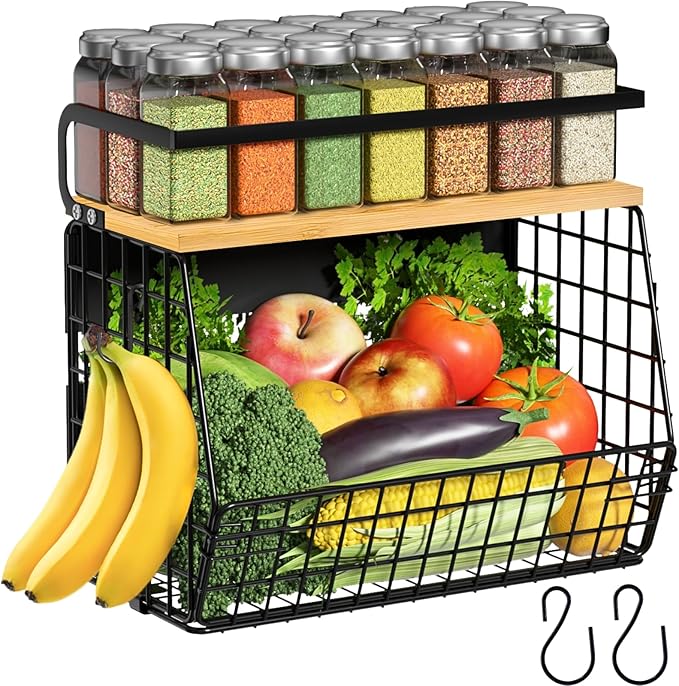 Magnetic kitchen storage shelf with wood lid for refrigerator side and pantry organization.