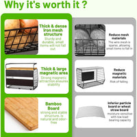 Magnetic spice rack for refrigerator side storage of spice jars and kitchen packets.