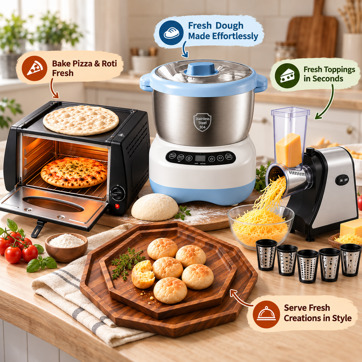 4-in-1 kitchen bundle for making dough, preparing cheese toppings, baking pizza and roti, and serving fresh food