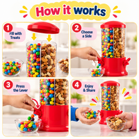 Red plastic treat dispenser showing its manual snack-serving mechanism.
