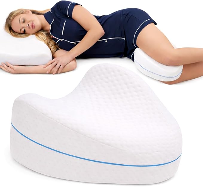 Memory foam knee pillow for side sleepers with curved leg spacer shape