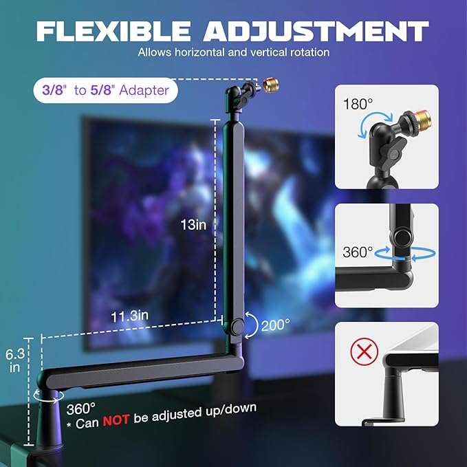 Mic boom arm with screw adapter for compatible microphones