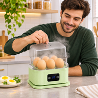 Mint green countertop egg cooker displayed in a compact kitchen setting to highlight its space-saving design.