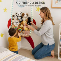 Minimalist hanging organizer for nursery, stylish and functional storage for stuffed animals.