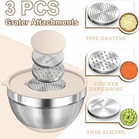 Kitchen mixing bowl set with grater attachments for slicing and grating selected ingredients.