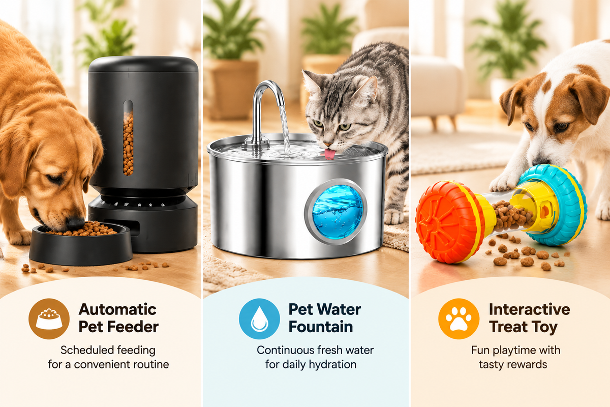 Modern dog and cat feeding station with smart food dispenser and hydration accessories