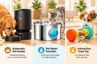 Modern dog and cat feeding station with smart food dispenser and hydration accessories