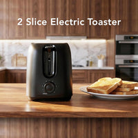 modern black 2 slice toaster with removable tray and simple controls