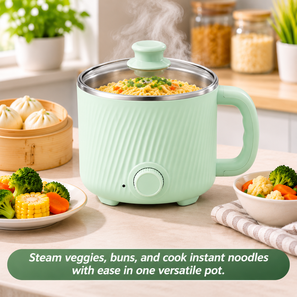 Countertop cooking appliance shown preparing a selection of vegetables and steamed dishes.