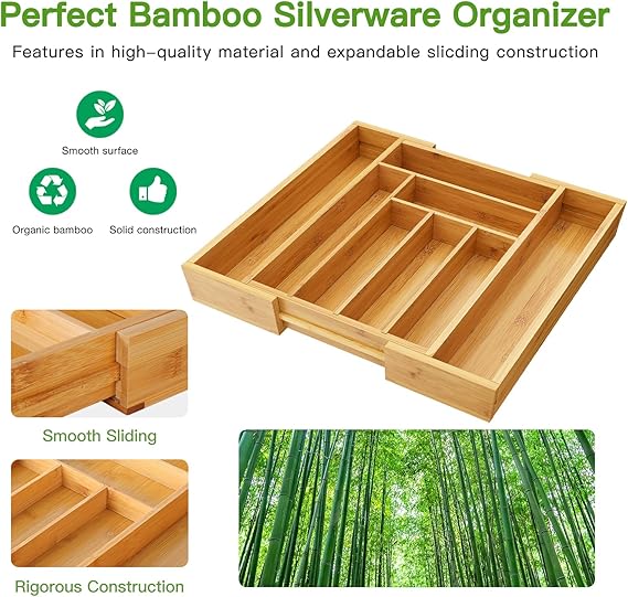 Bamboo organizer tray with adjustable storage sections