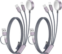 3-in-1 multi charging cable with USB A, Type C, Lightning and smartwatch charger connectors front view