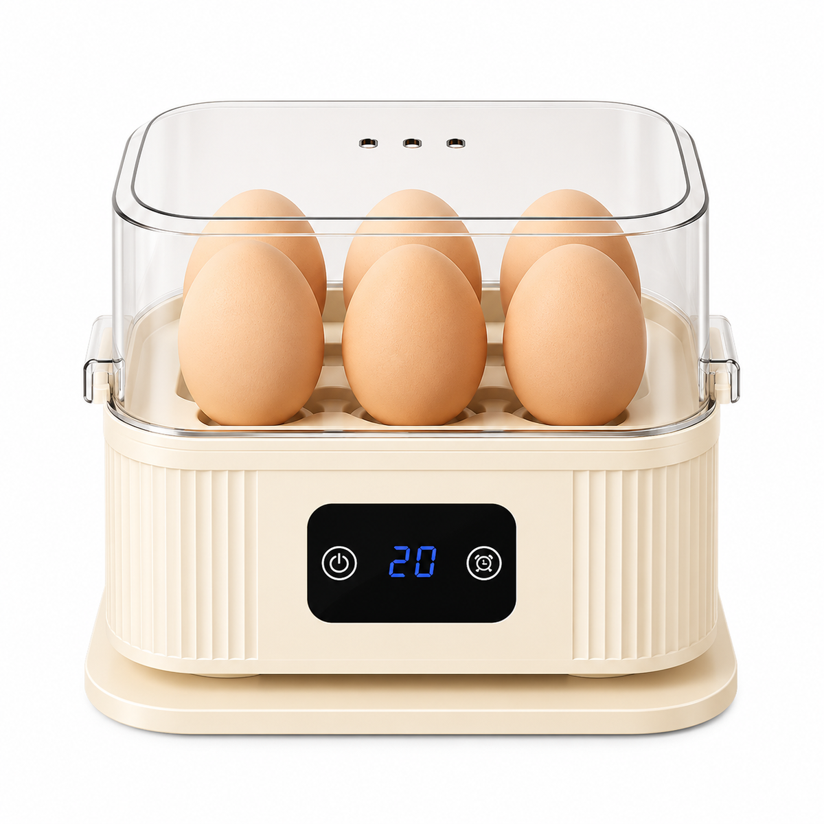 Mint green electric egg steamer presented with eggs, vegetables and prepared breakfast ingredients.