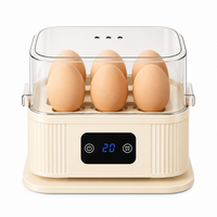 Mint green electric egg steamer presented with eggs, vegetables and prepared breakfast ingredients.