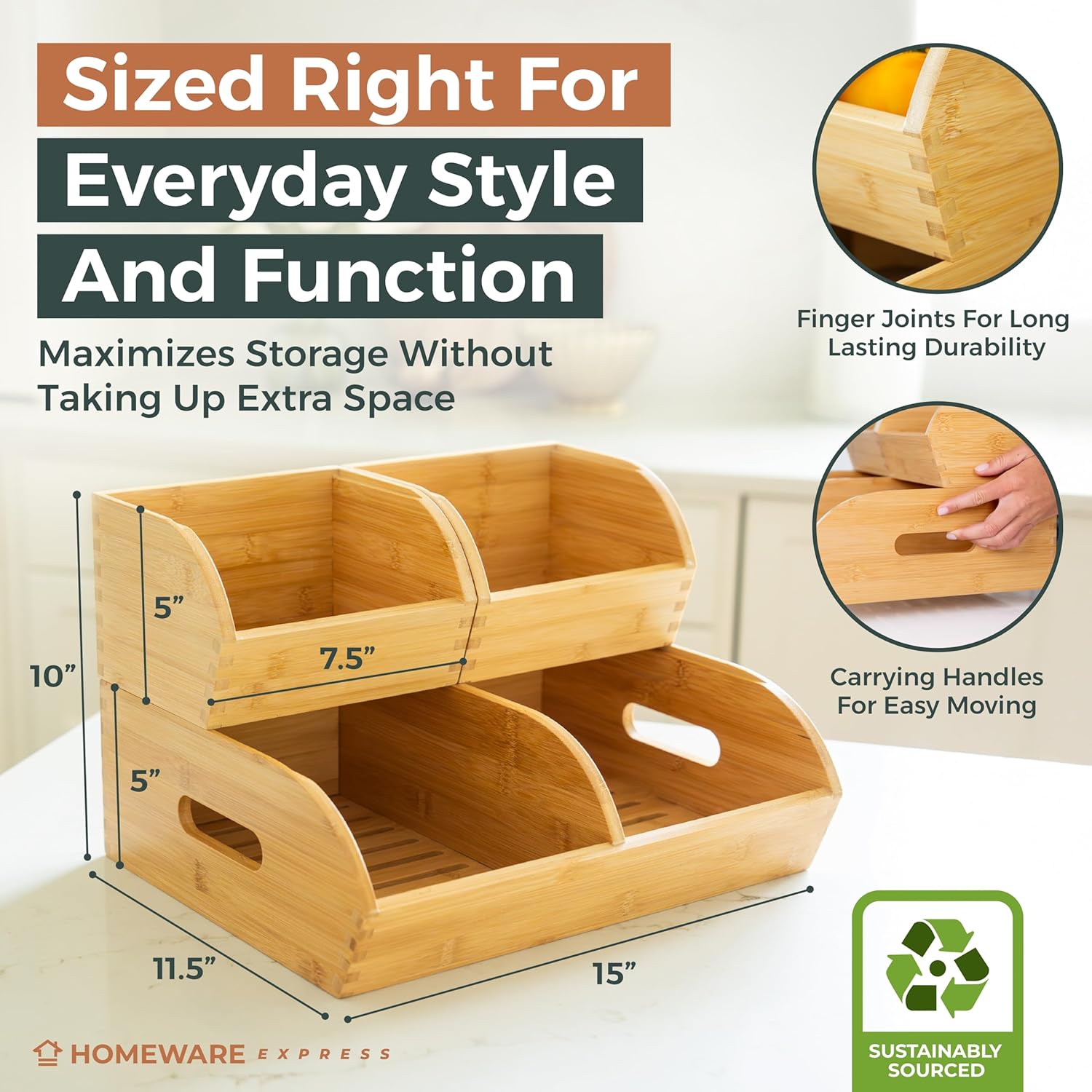Portable bamboo organizer bins for pantry essentials