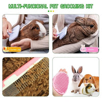 Pink grooming comb smoothing rabbit or kitten fur