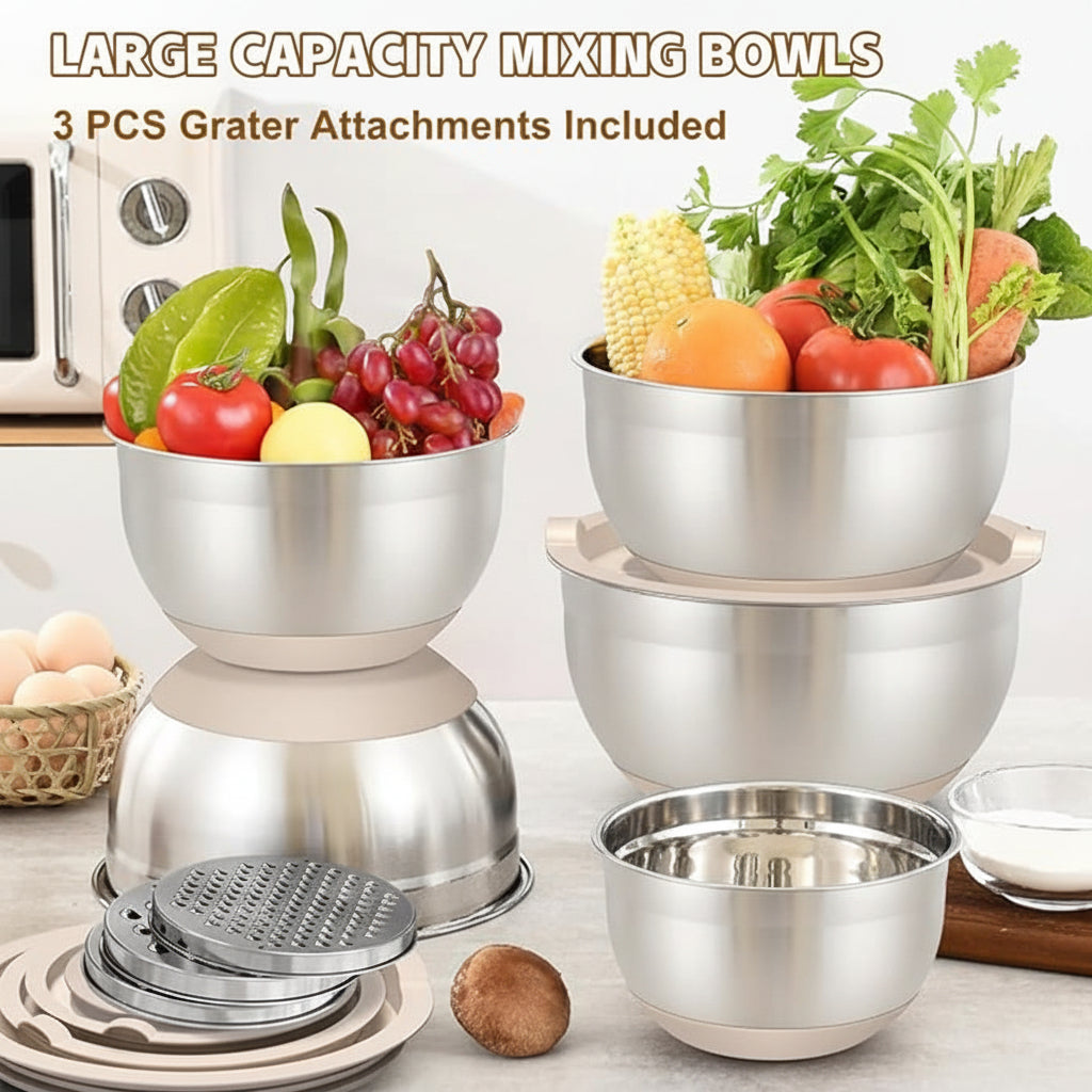 Space-saving nesting bowl set designed for everyday kitchen preparation and serving.