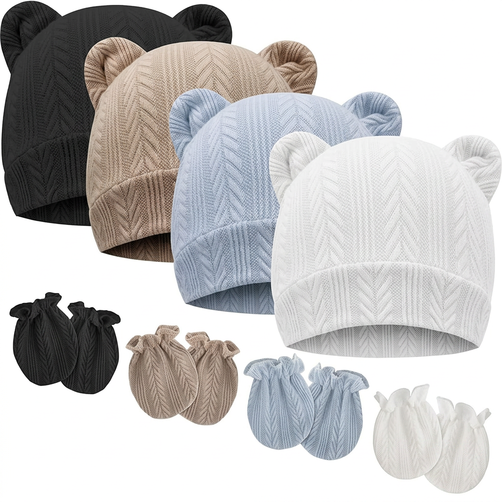 Newborn baby bear ears hat and mittens set soft cotton infant accessories