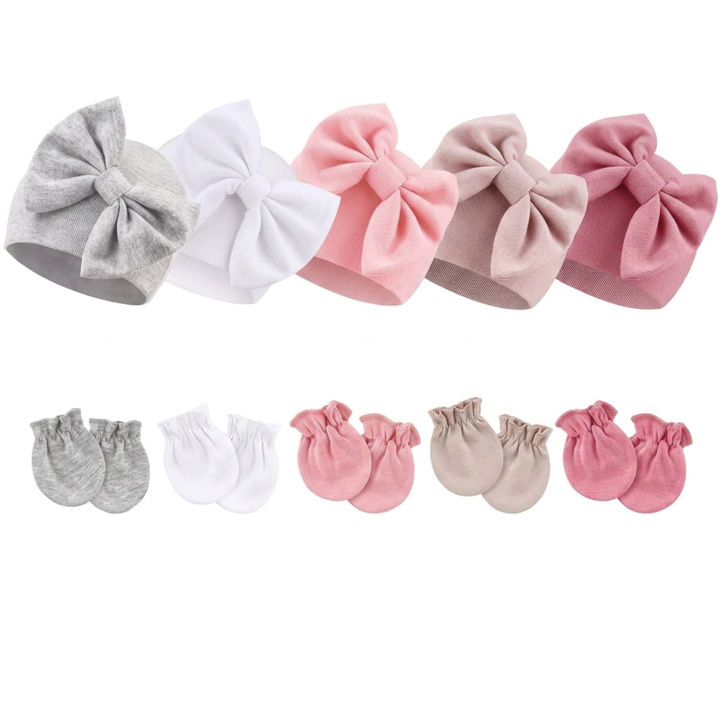Newborn baby girls hat and mittens set soft cotton infant accessories