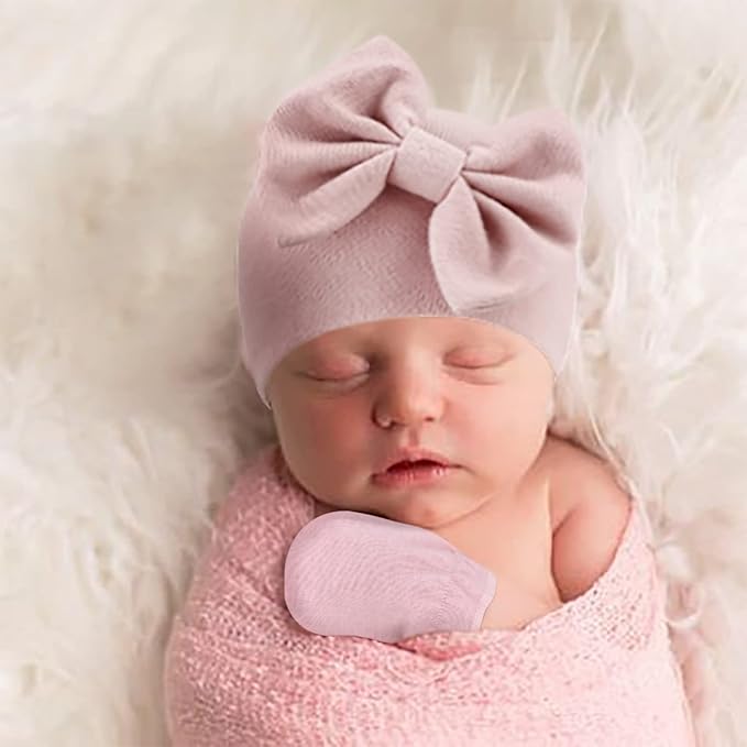 Newborn baby scratch mittens with matching baby girl hat