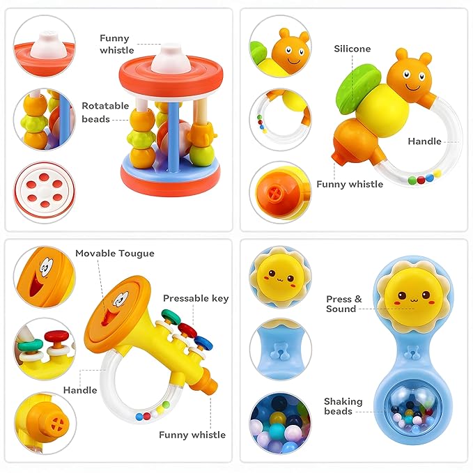 Newborn and infant 12-piece rattle set for motor skill development
