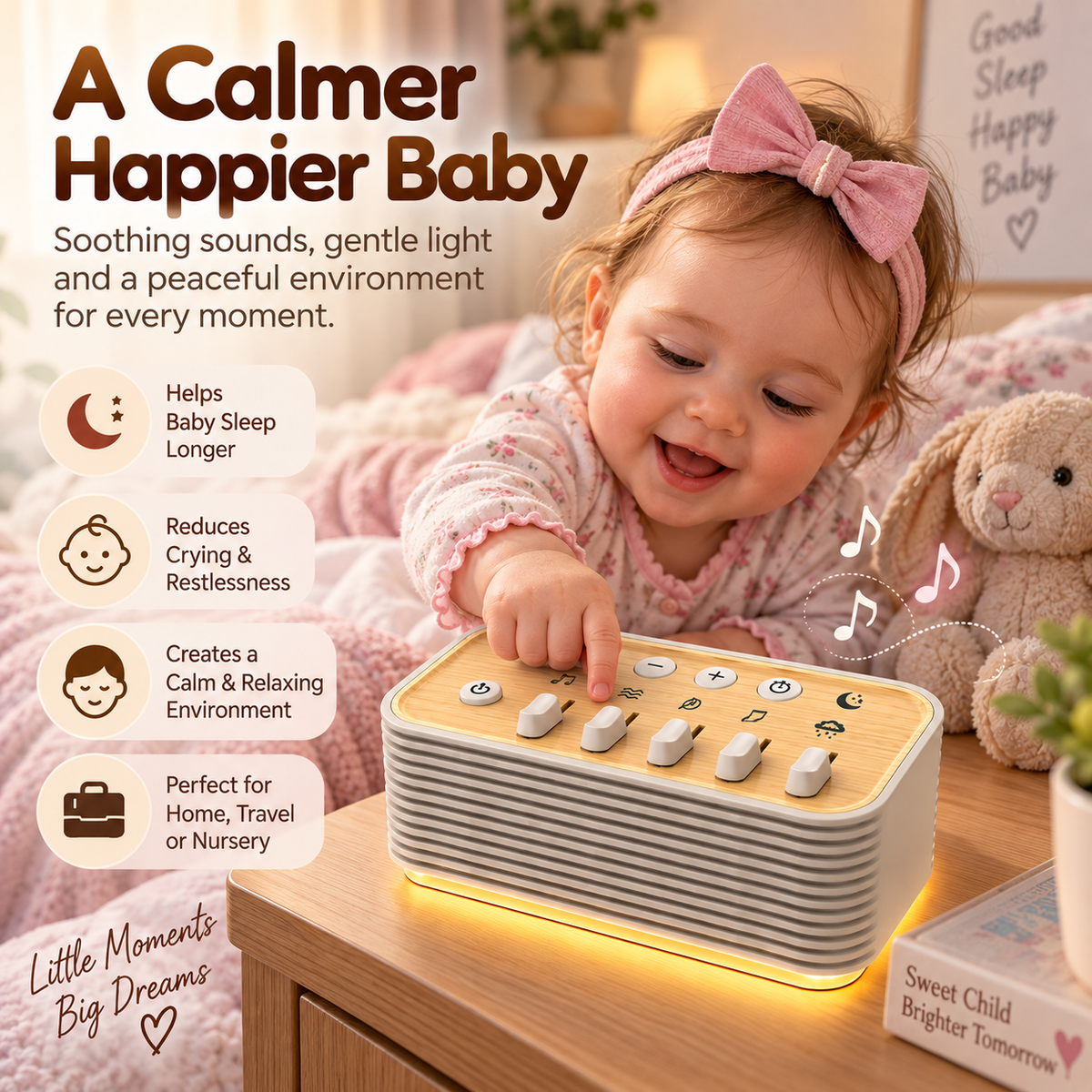 Newborn nursery noise machine with compact rectangular design and front speaker grille