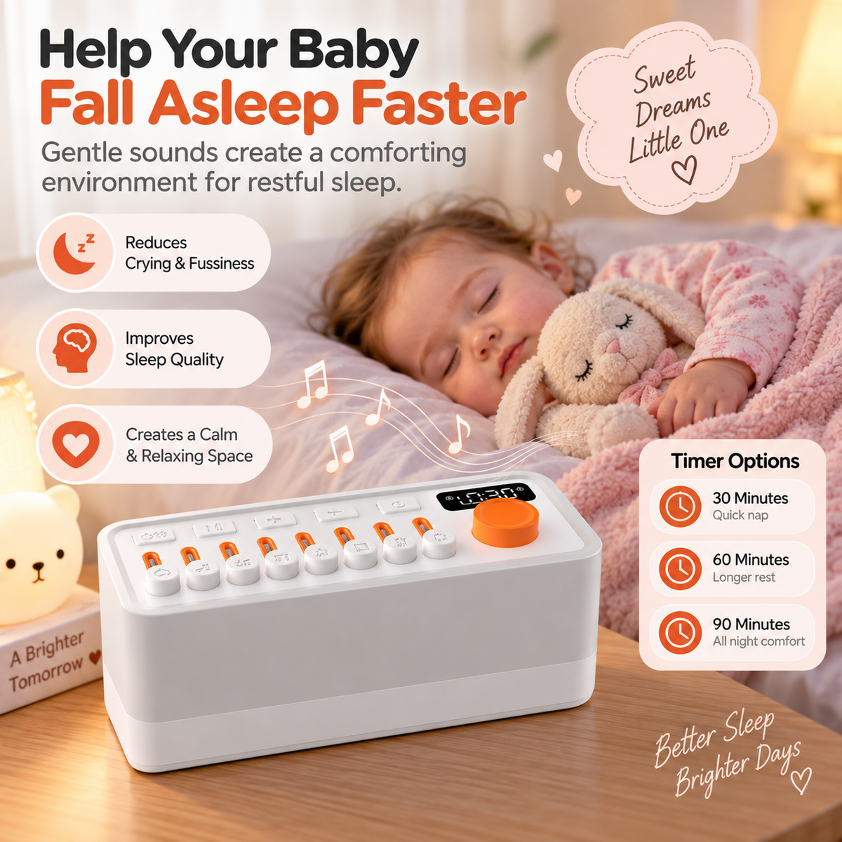 Newborn nursery sound device with compact tabletop body and easy-access control panel