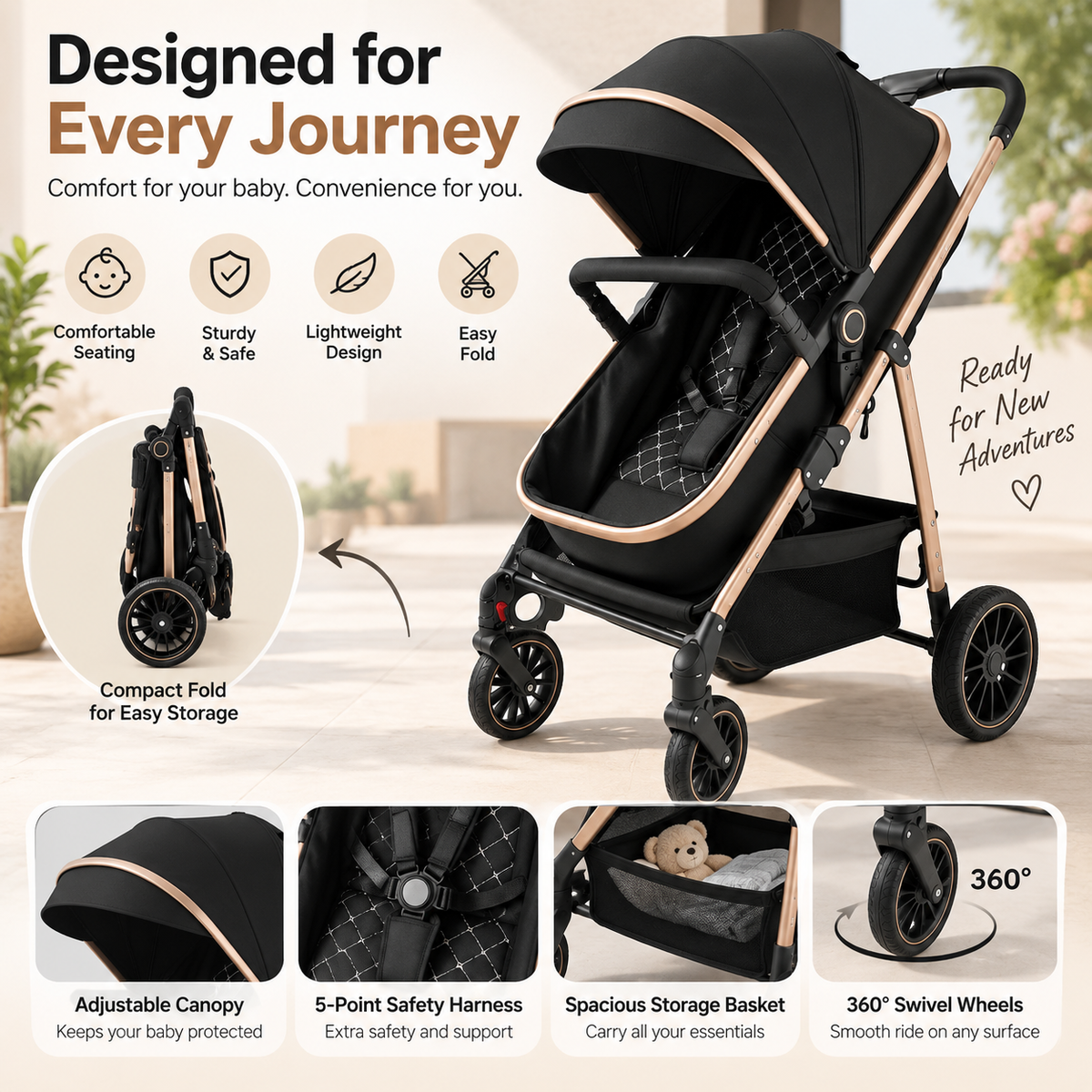 Newborn pram style stroller with large extendable canopy and protective front bumper bar