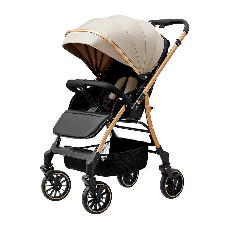 Newborn pram style stroller with adjustable canopy, cushioned seat and modern gold-tone frame