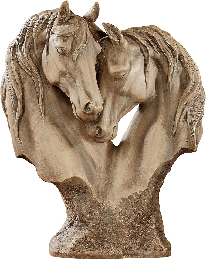Tan resin sculpture featuring two horse heads arranged in a heart-shaped form