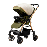 Olive green baby stroller with cream adjustable canopy and metallic frame