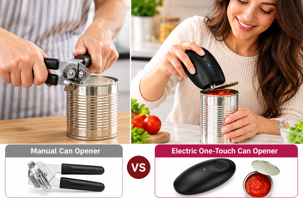 Handheld electric can opener with convenient one-touch operation for effortless food preparation.