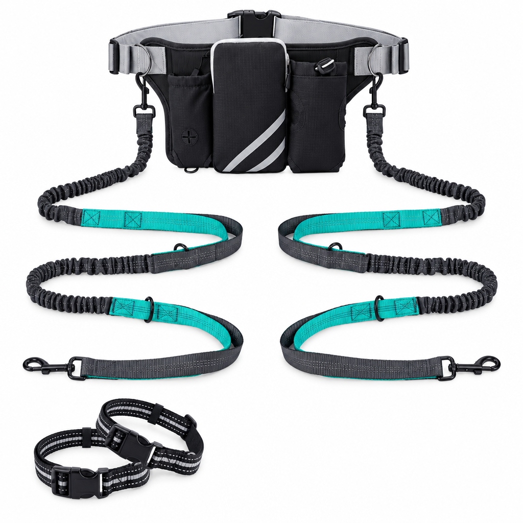 Outdoor two-dog leash set with waist-worn design