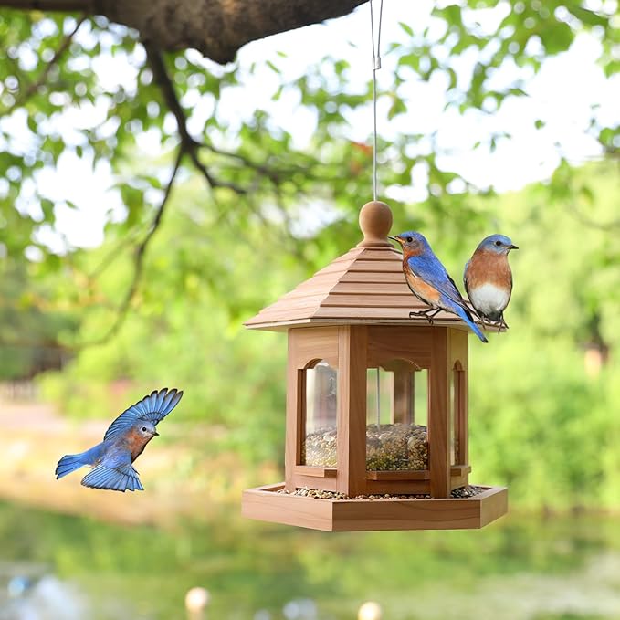 Outdoor Wooden Hanging Bird Feeder For Backyard And Garden