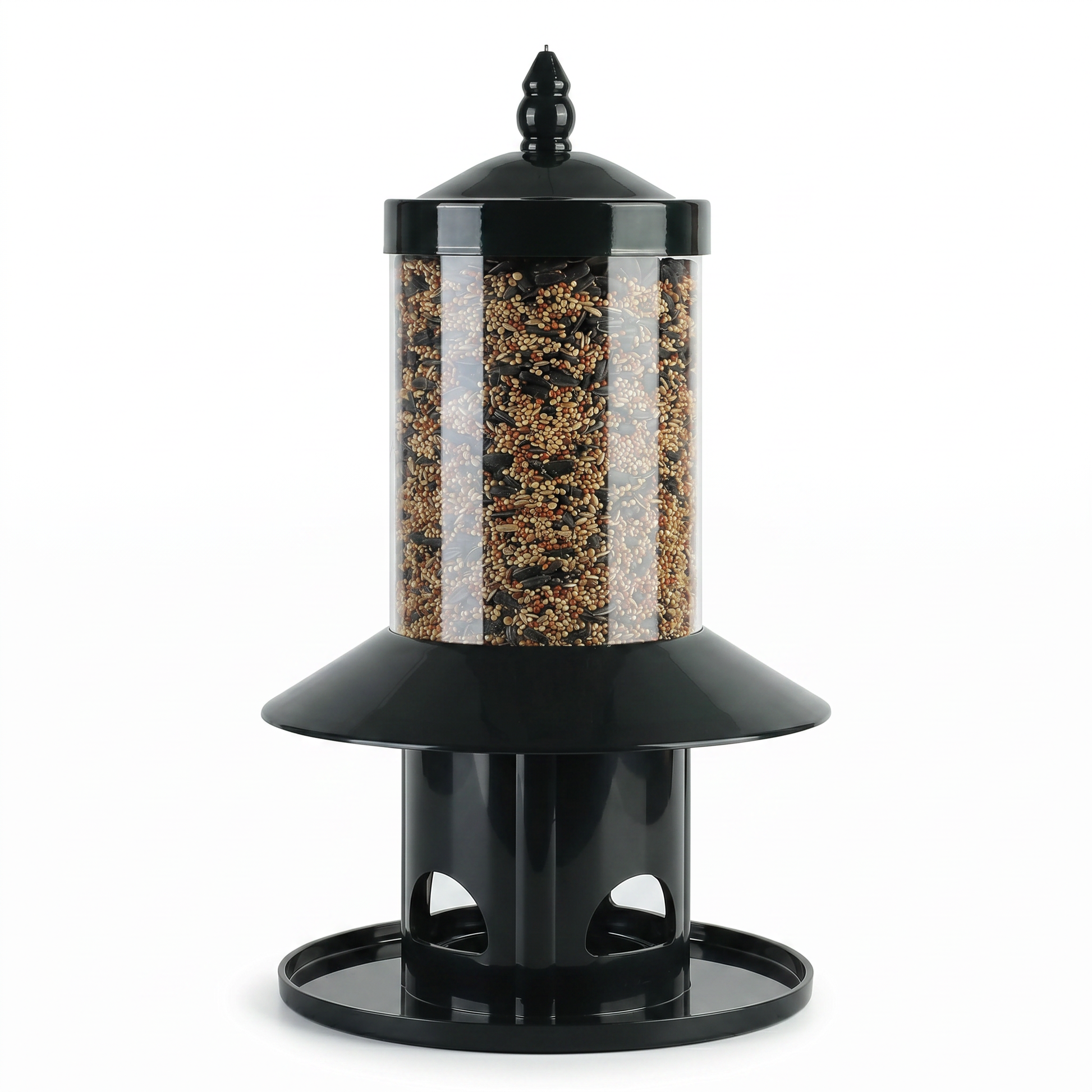 Bird feeder with 360 degree perch tray for outdoor use