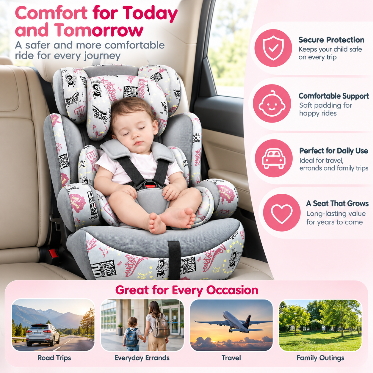 Padded kids car seat with supportive seat insert