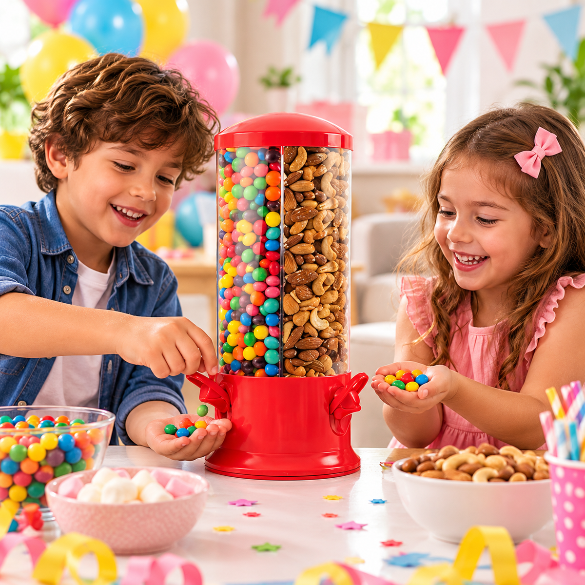 Red triple candy machine arranged on a birthday party table with colourful sweets.