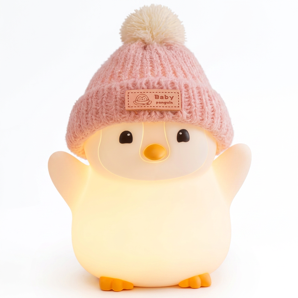 Penguin night light cute pink silicone lamp with knit hat for baby nursery.
